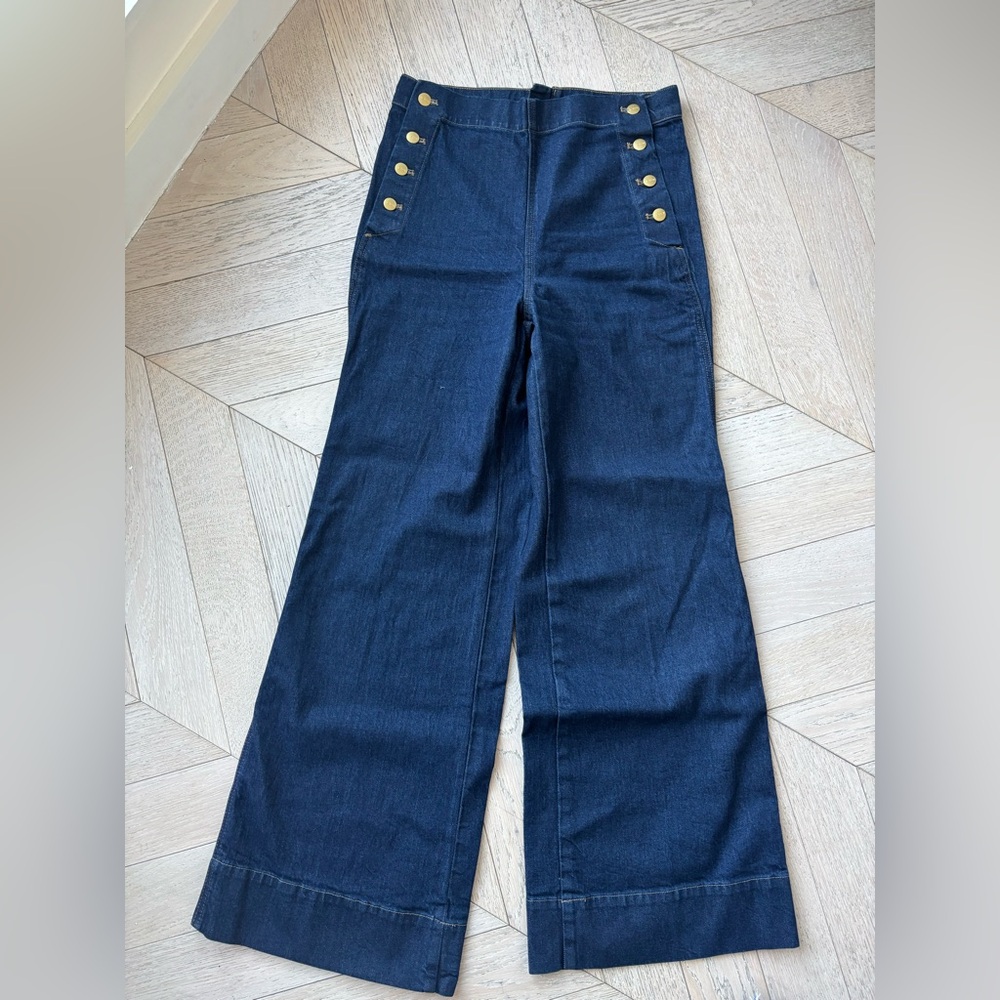 J. Crew Dark Blue Flare Jeans with Gold Buttons - Picture 2 of 6